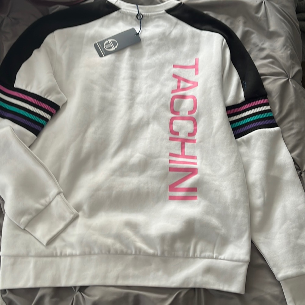Sergio Tacchini white crew neck sweatshirt with striped sleeve detail Small NW